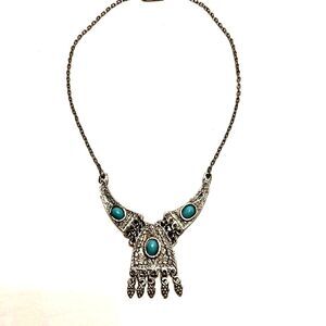 Silver Color & Turquoise Stones Statement Necklace